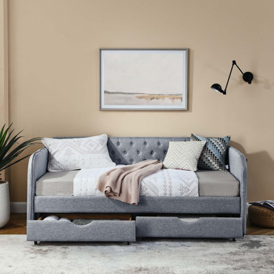 Lit de jour rembourré avec lit gigogne et deux tiroirs de rangement, accoudoirs plats avec poche, lit de jour extensible pour le salon de la chambre à coucher, lin beige