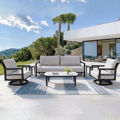 Ensemble de conversation pour l'extérieur 6 pièces avec chaises pivotantes, banc, tables aspect marbre, structure antirouille et coussins Sunbrella