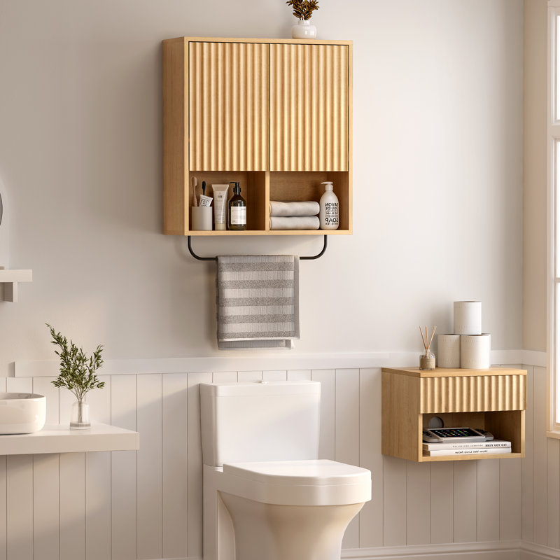 Modern Fluted Bathroom Cabinet, Wall-Mounted Storage With Adjustable Shelf, Floating Design For Laundry & Kitchen, Oak
