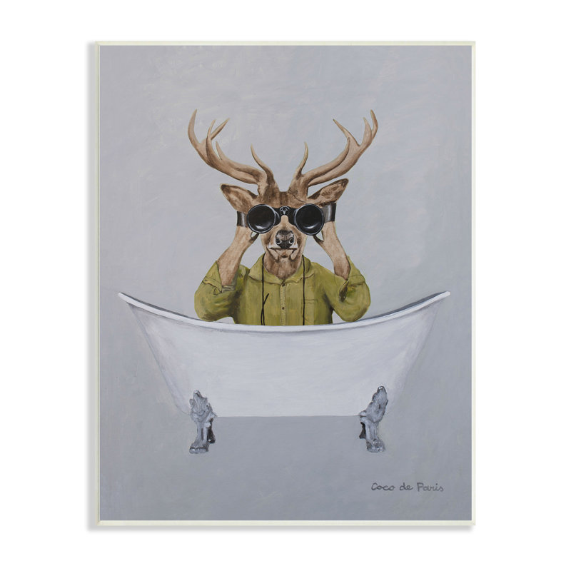 «Camping Deer Binoculars Vintage Bathaign Illustration» par Coco de Paris - Peinture, H 19 po x l 13 po x P 0,5 po