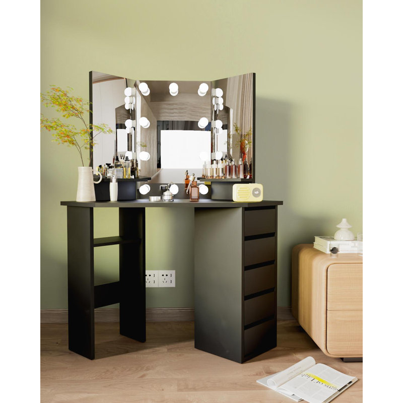 Kialen Modern Corner Makeup Vanity with 10  LED Lights, Tri-Fold Mirrors and 5 Drawers, Black