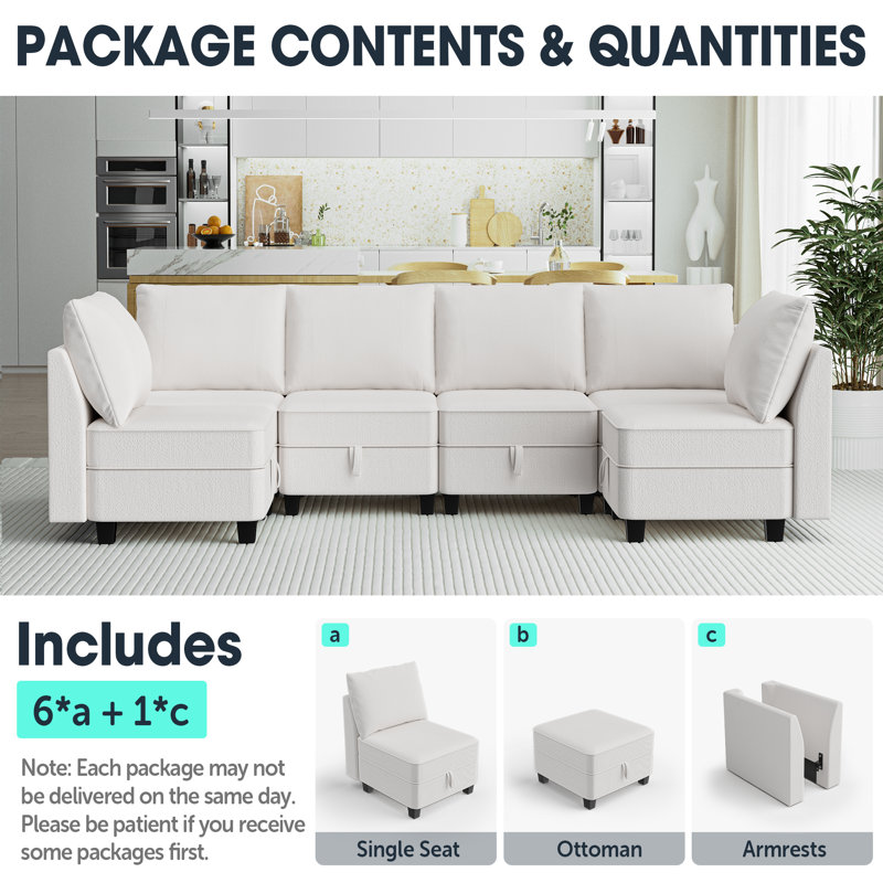 Vumece Modular Sectional Sofa, Convertible U Shaped Sectional Sofa Couches With Storage, 6 Seat Modular Sofa Couch For Living Room, Sectionals With Ottoman, Beige
