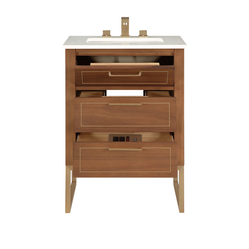 Markham 24'' W Single Vanity, White Quartz, Satin Brass, Walnut