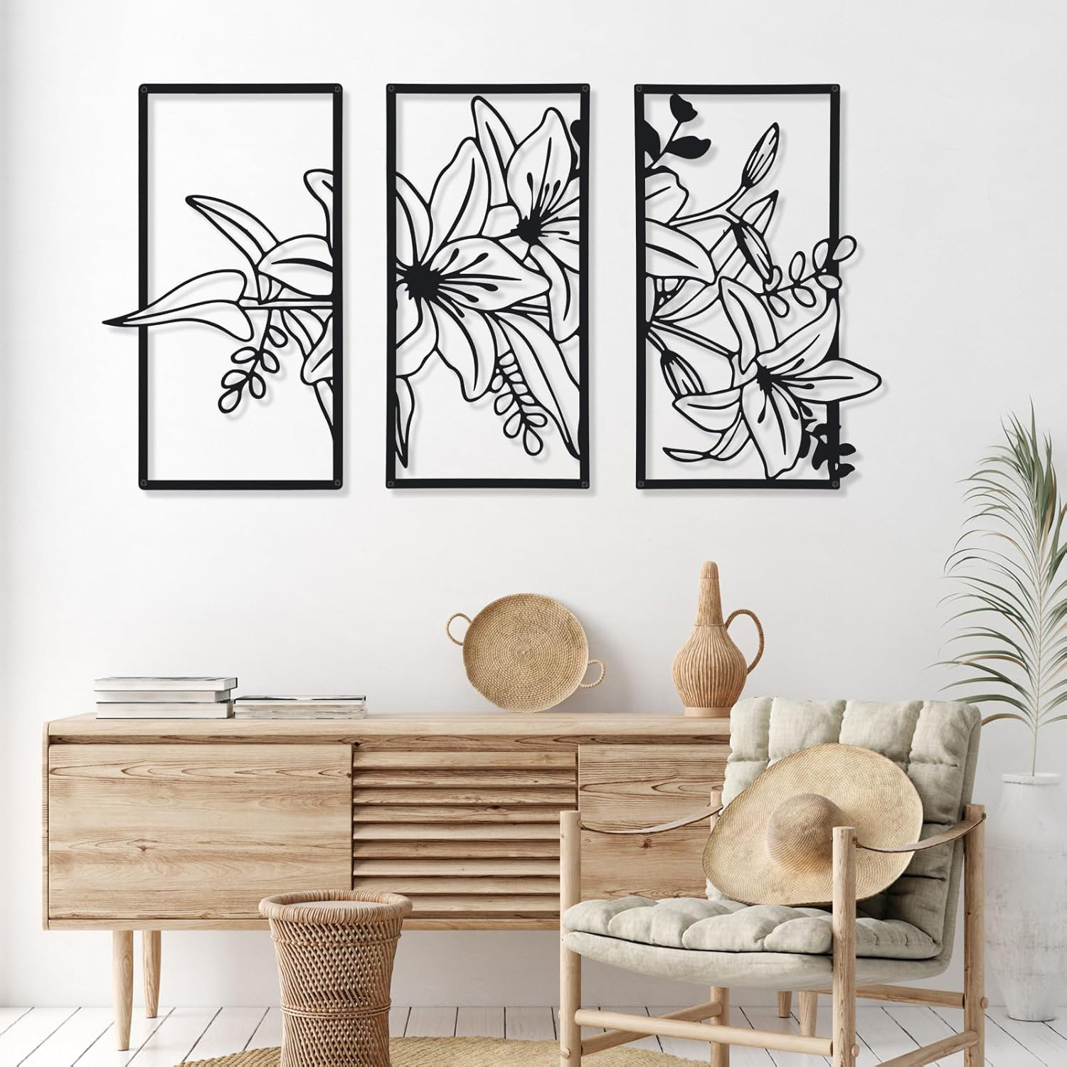 Red Barrel Studio® 3 Pcs Black Metal Wall Art Minimalist Wall Decor for Bedroom Flowers Decor Hanging Flower Bathroom Art Flower... 