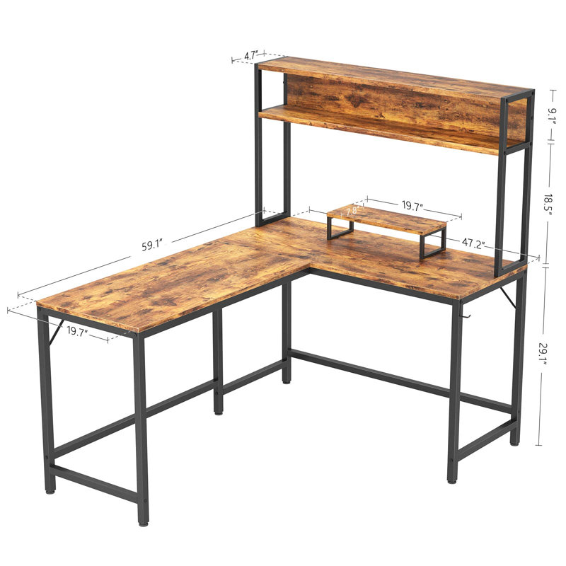 Mcelyea L-Shaped Metal Base Computer Desk, Rustic Brown