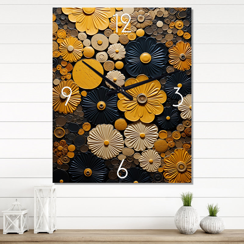 Horloge murale surdimensionnée avec poterie fleurs jaunes Boho, Très grand