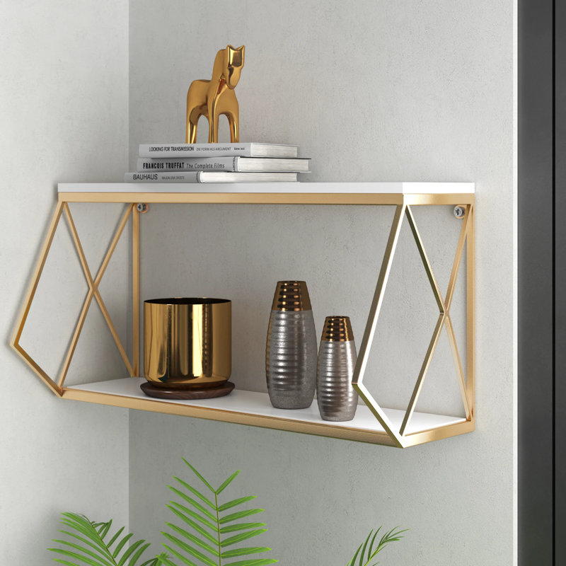 Creasman 2 Piece Wood Accent Shelf, White/Gold