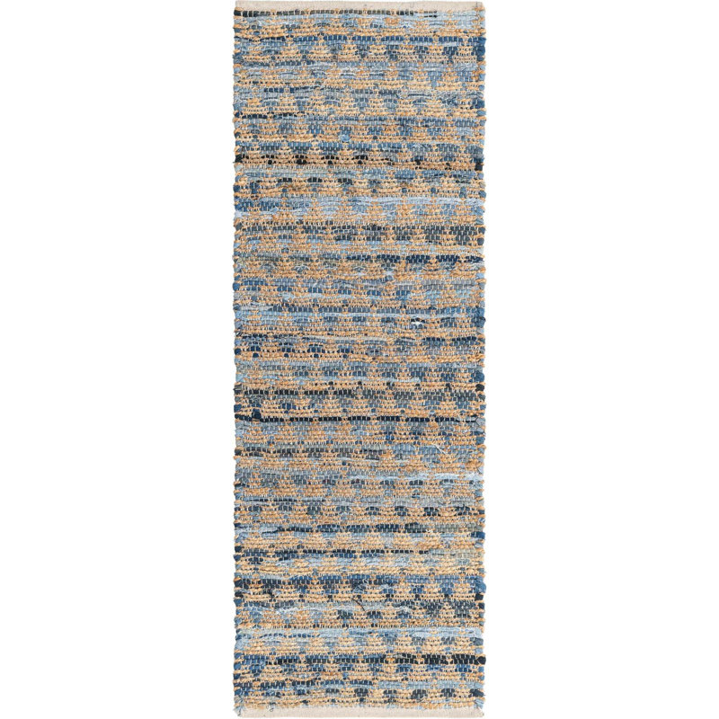 Tapis bleu / gris tissé à la main à motif géométrique Esen, Tapis de couloir 2 pi 2 po x 6 pi 1 po
