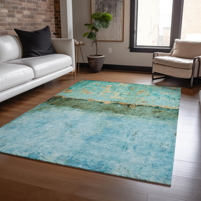 Machine Washable Indoor/Outdoor Cinead ACN1716 Teal Rug, Rectangle 5' x 7'6"