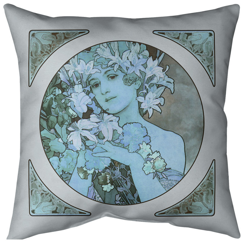 Housse de coussin alphonse mucha couronne de fleurs, Bleu, 14 po x 14 po, Sergé de coton