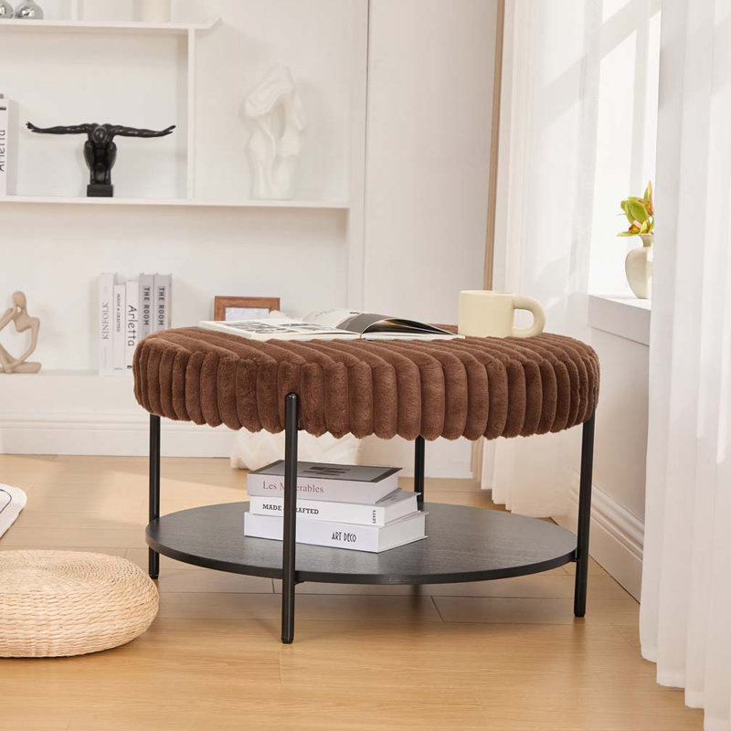 30.9"Wide Faux Fur Upholstered Round Ottoman Coffee Table Foot Rest with Black Metal Legs, Brown