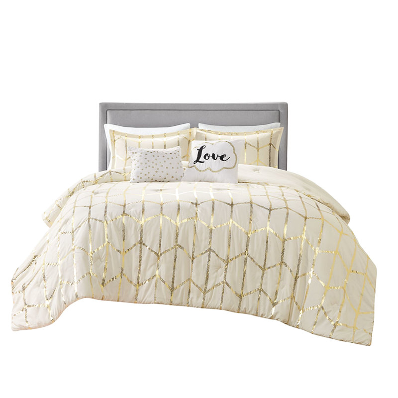 Édredon géométrique métallique double / grand - doré, tissu, 2 taies décoratives, coussins décoratifs, literie vapeur et look contemporain, doux, rembourré, édredon, brodé à basse température