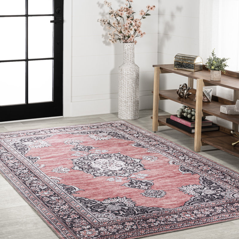 Tapis rose foncé / noir / blanc lavable à la machine Heimar Bohemian, Rectangle 5 pi 3 po x 7 pi 7 po