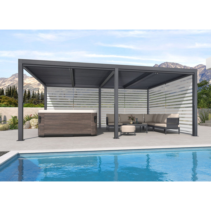 Pergola en aluminium avec abat-jour à enroulement, 1 côté long et 1 côté court, Gris, 13 pi x 11 pi