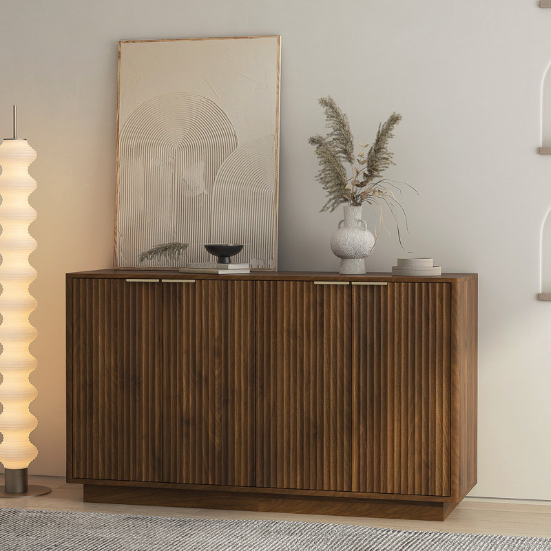 Buffet en bois moderne avec rangement, grand buffet cannelé avec tablettes réglables, crédence, console d'appoint, Bois foncé