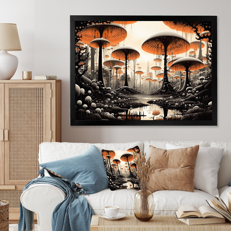 Illustration rétro de champignons magiques rouges I - impression, Cadre simple noir, H 30 po x l 40 po x P 1,5 po