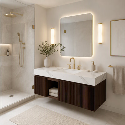 Meuble-lavabo mural de 122 cm avec lavabo intégré, armoire cannelée et éclairage à détecteur de mouvement