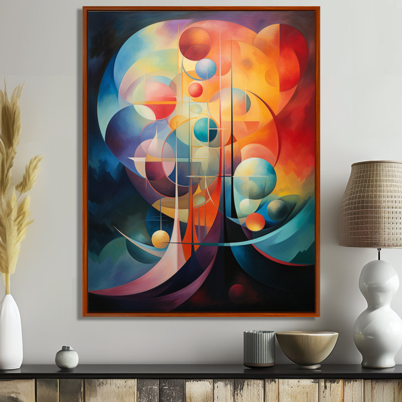 Rainbow Moons Retro Geometrics - Abstract Landscape Wall Art Living Room, Cadre flottant brun, H 20 po x l 12 po