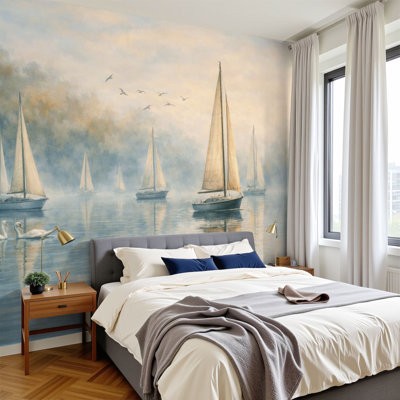 Papier peint adhésif auto-adhésif moderne l 144 po x H 100 po pour voiliers de chambre à coucher Misty Lake Soft Watercolor Reflections Pastel Blue Tones