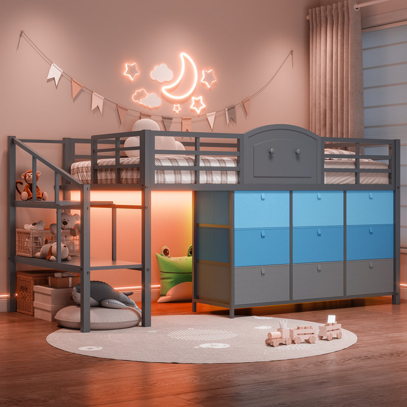 Lit mezzanine bas avec 9 tiroirs, lit mezzanine double en métal avec lumières DEL et espace de rangement sous le lit, blanc