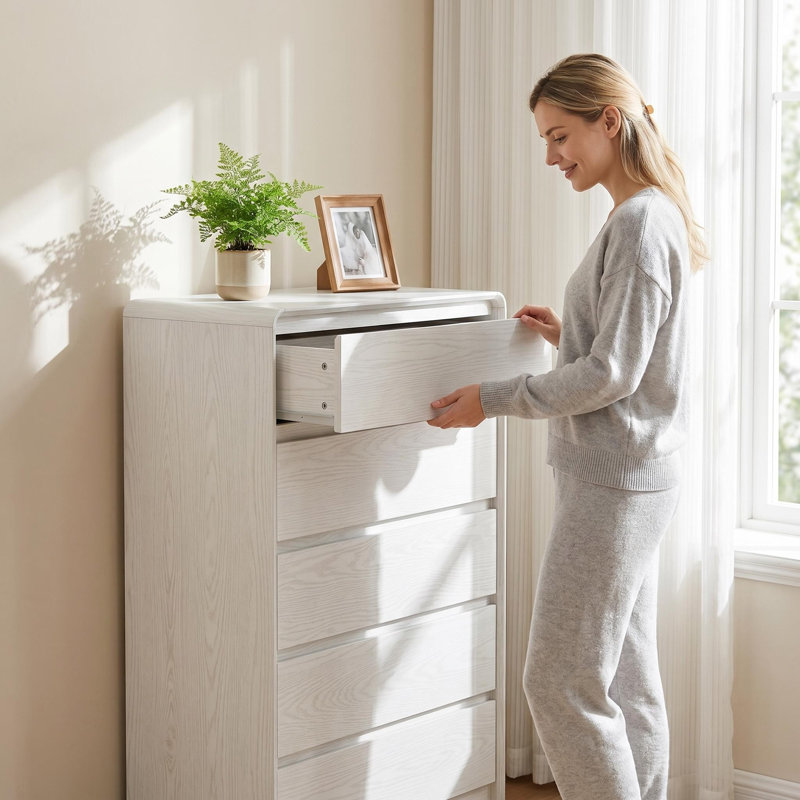 Commode 5 tiroirs en bois, l 31,5 po, avec coins arrondis arrondis, pour chambre à coucher, salon, couloir blanc, White