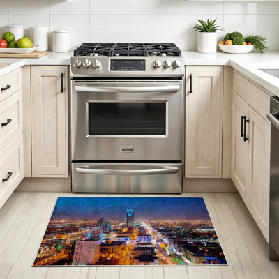 Blue Machine Washable,Skyline Night Modern Cityscape Street Indoor Area Rug
