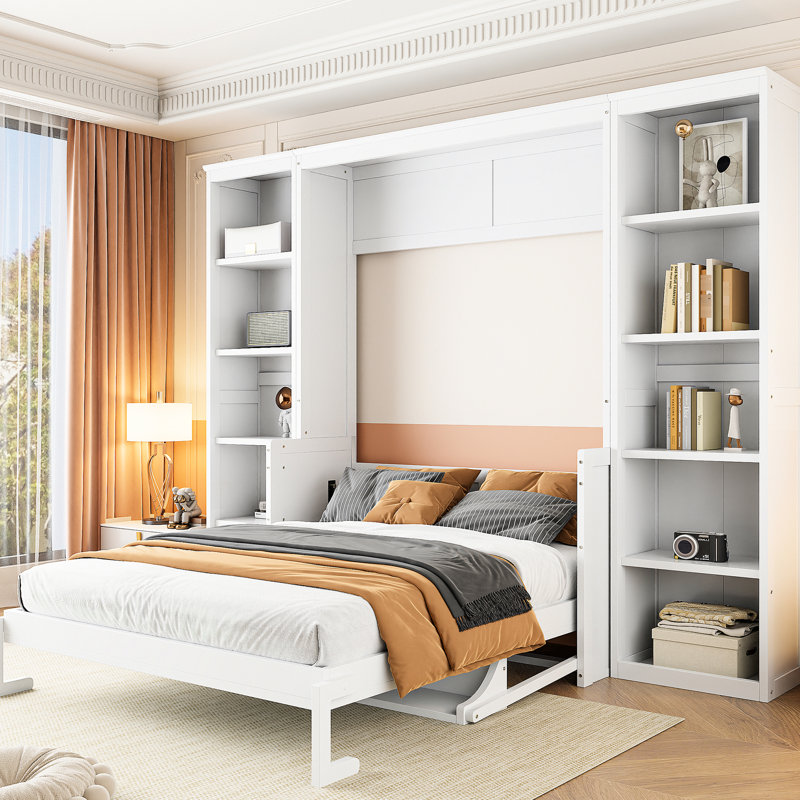 Lit double avec bureau et bibliothèque, blanc - stabilité et économie d'espace