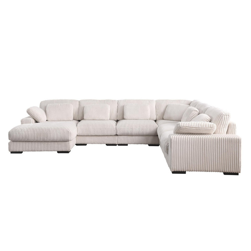 Dark Grey Corduroy Modular Corner Sectional Sofa with Left-Facing Chaise, Beige