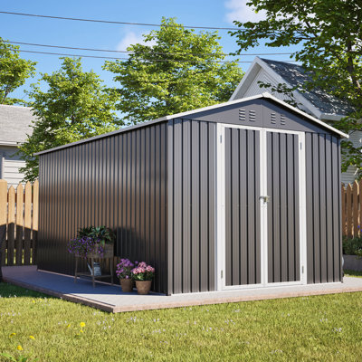 8 pi x 12 pi, verrouillable, métal, rangement extérieur, gris, cadre en aluminium, grand espace, équipement de jardin, portes doubles, entrée simple et sécuritaire, vélos, outils, entrée à deux portes, toit incliné, eau