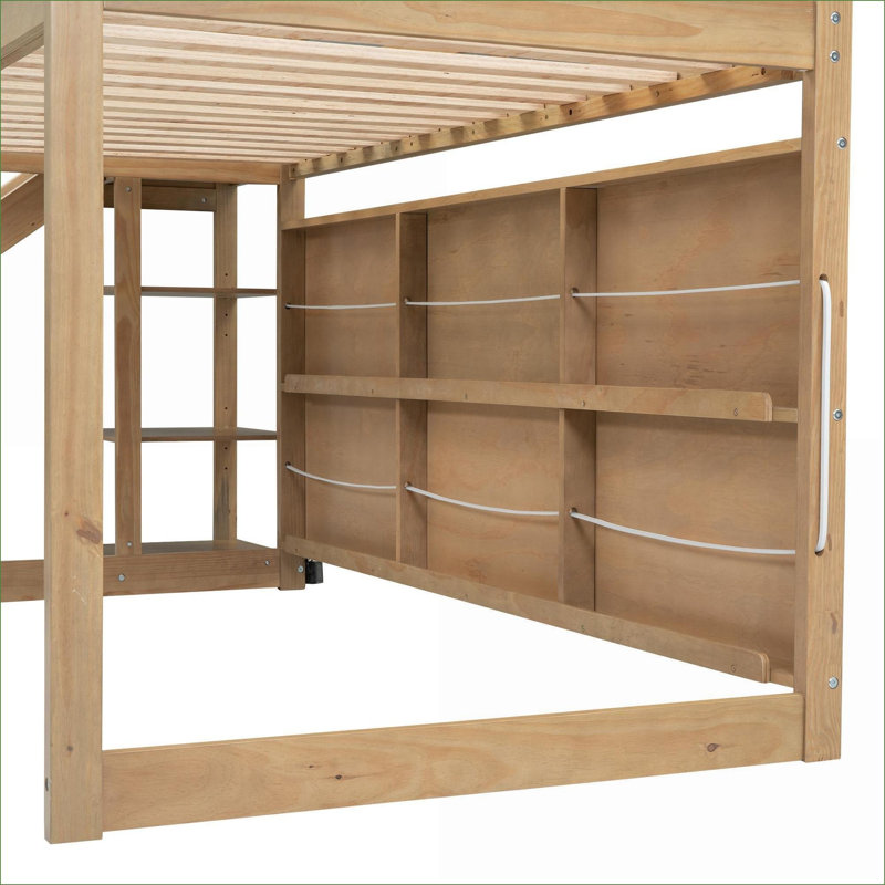 Lit mezzanine simple en bois de pin massif de taille simple, sans sommier tapissier, capacité de 400 lb, avec rangement à glissière et amp; Lumière, couleur bois pour la chambre à coucher
