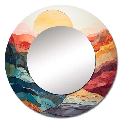 Pastel Bold Sunset Landscape II - Mountains Large Mirror, Coral Round Unique Wall Mirror Decor, Printed Metal Art