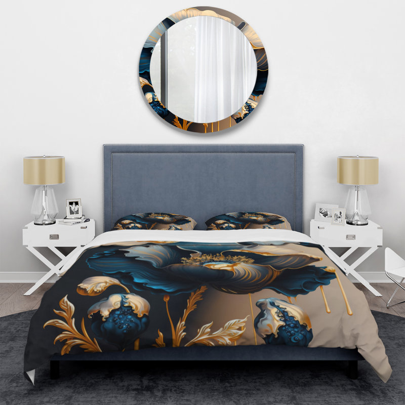 Ensemble de housse de couette en microfibre / polyester bleu foncé et doré, Housse de couette pour très grand lit et 2 très