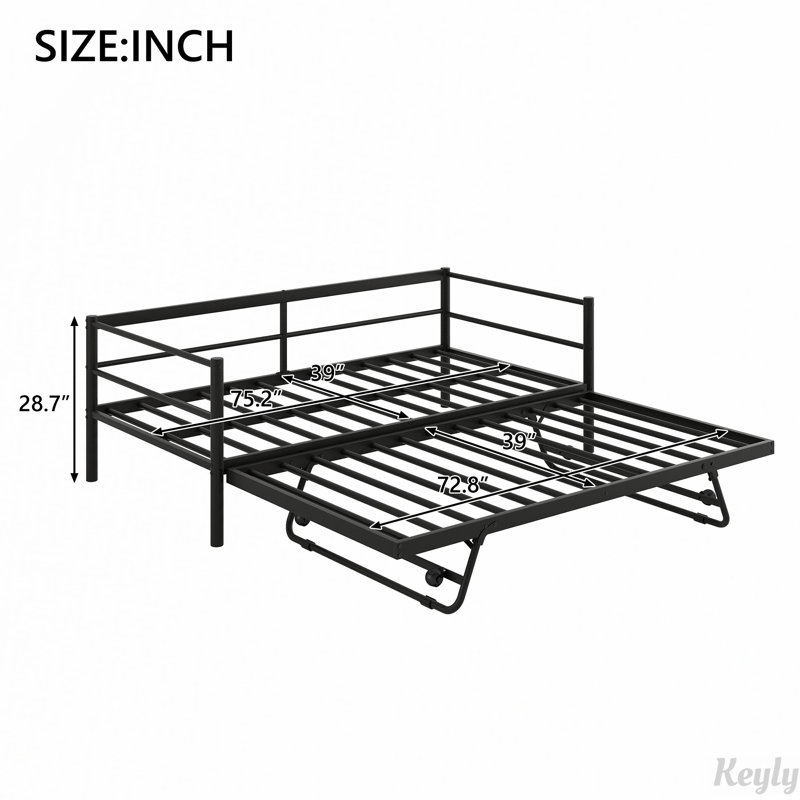 Metal Daybed with LED and Adjustable Trundle, Pop Up Trundle, Black