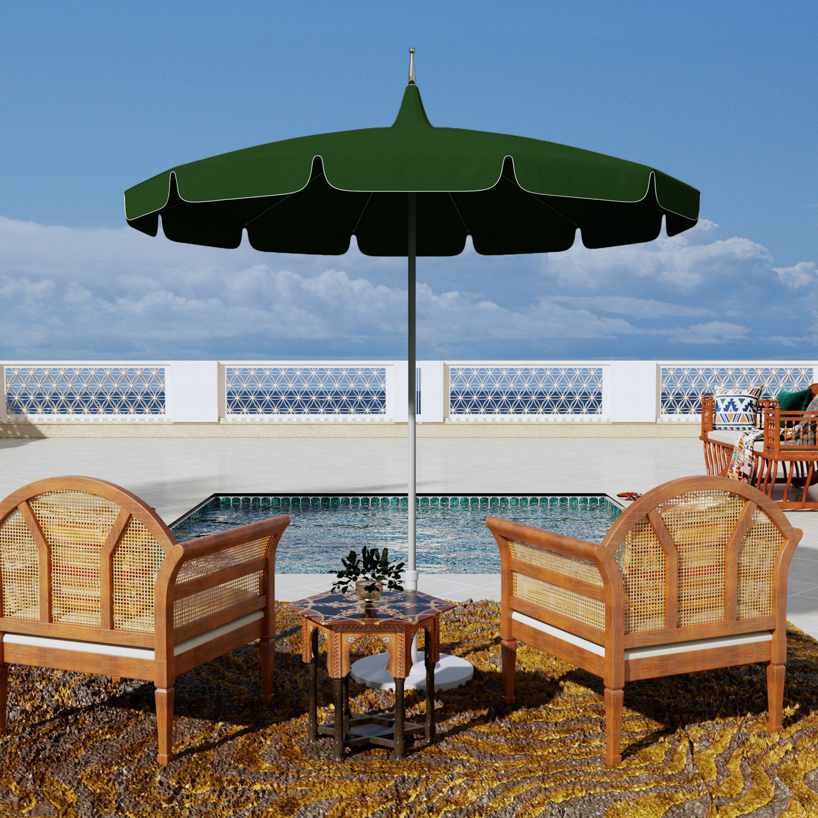 Nikolitsa 8.5' Sunbrella Pagoda Umbrella, Forrest Green Velvet