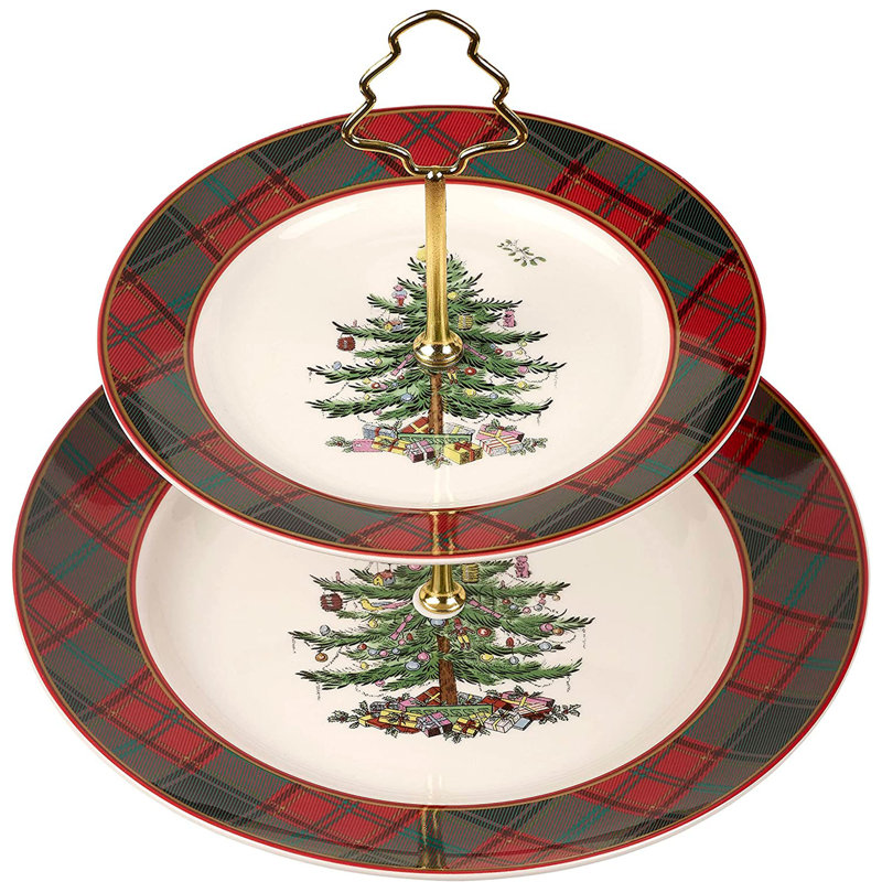 Spode Christmas Tree 2-Tiered Dessert Server Set - Tartan Plaid