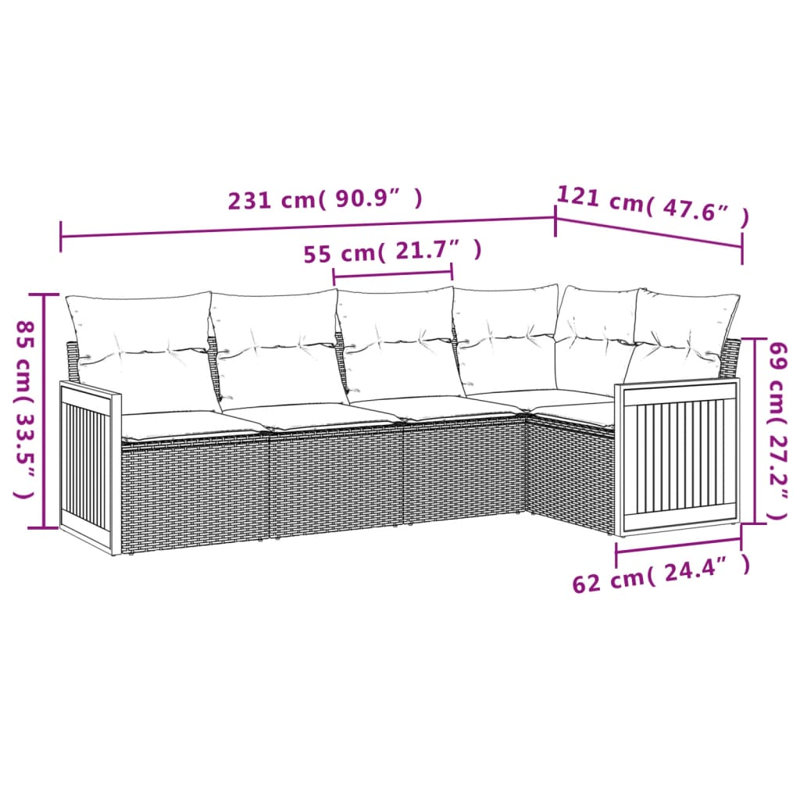 Ensemble de canapé de jardin modulaire en rotin PE gris 5 pièces Vidaxl