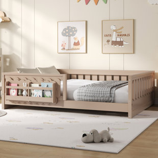 Wood Full Size Platform Bed with Guardrail and Storage Shelves
