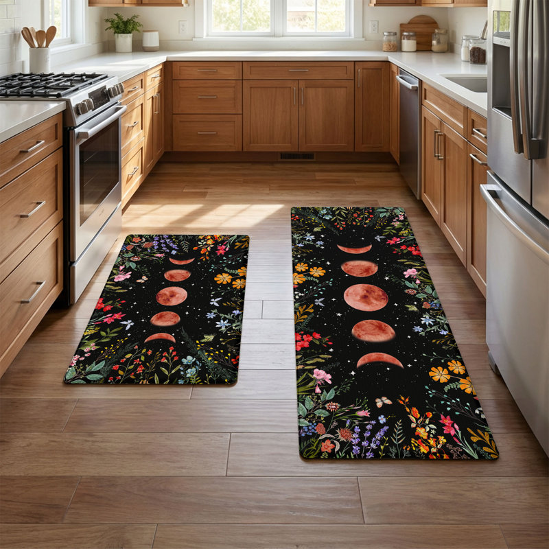 Ensemble de 2 tapis de cuisine anti-fatigue, coussins imperméables et antidérapants à motif floral Moon Garden