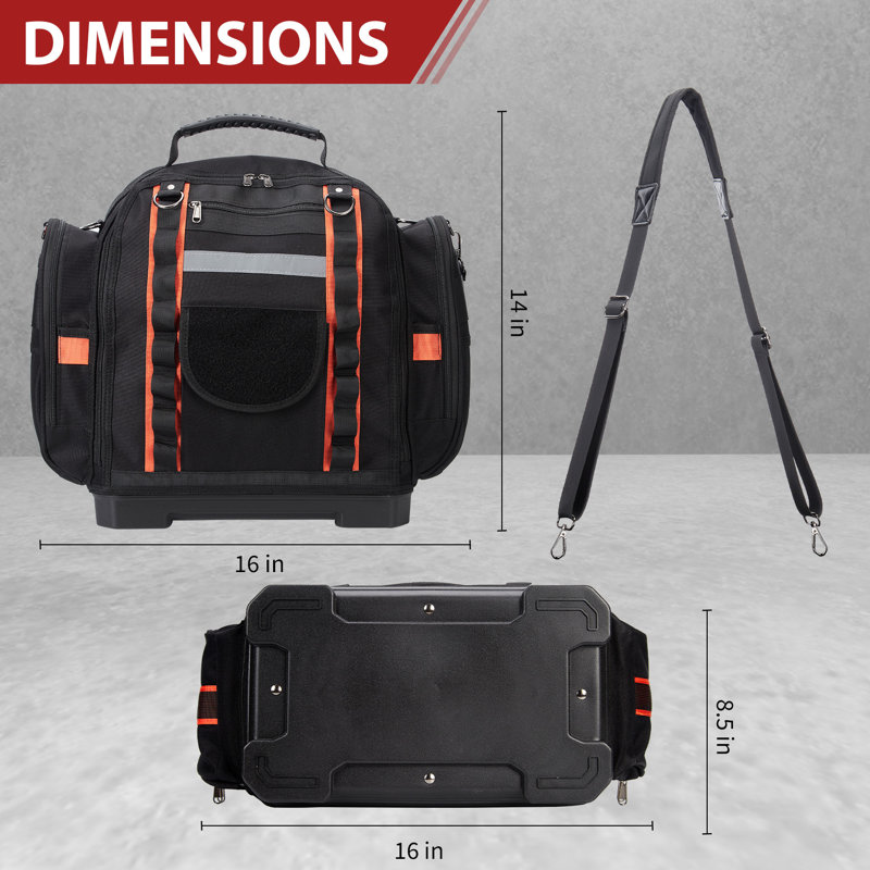 Sac à outils avec étuis amovibles - fourre-tout en polyester à 2 couches 16 po, base en caoutchouc, organisateur robuste, noir avec accents rouges
