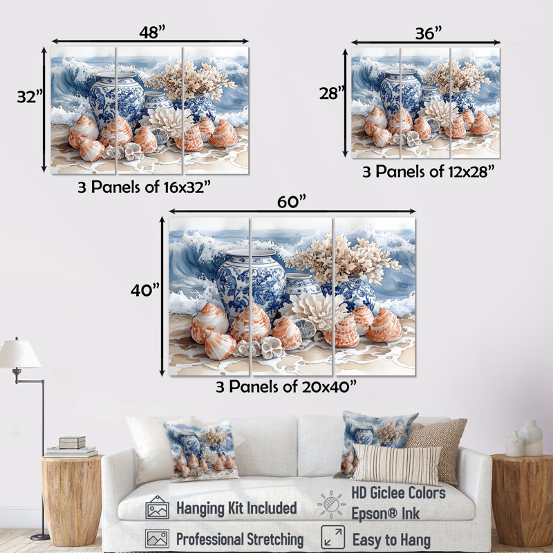 «Floral Beach Pottery» en bleu et blanc I - ensemble d'art mural de poterie de plage, Toile tendue