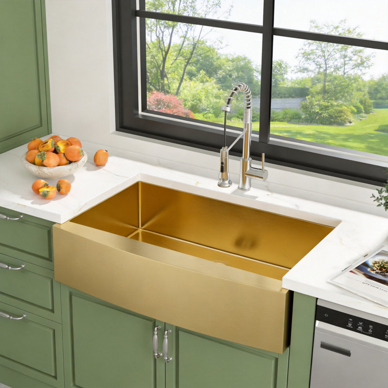  33" L x 21" W Farmhouse Kitchen Sink  Gold Stainless Steel Kitchen Sink Apron Front Kitchen Sink