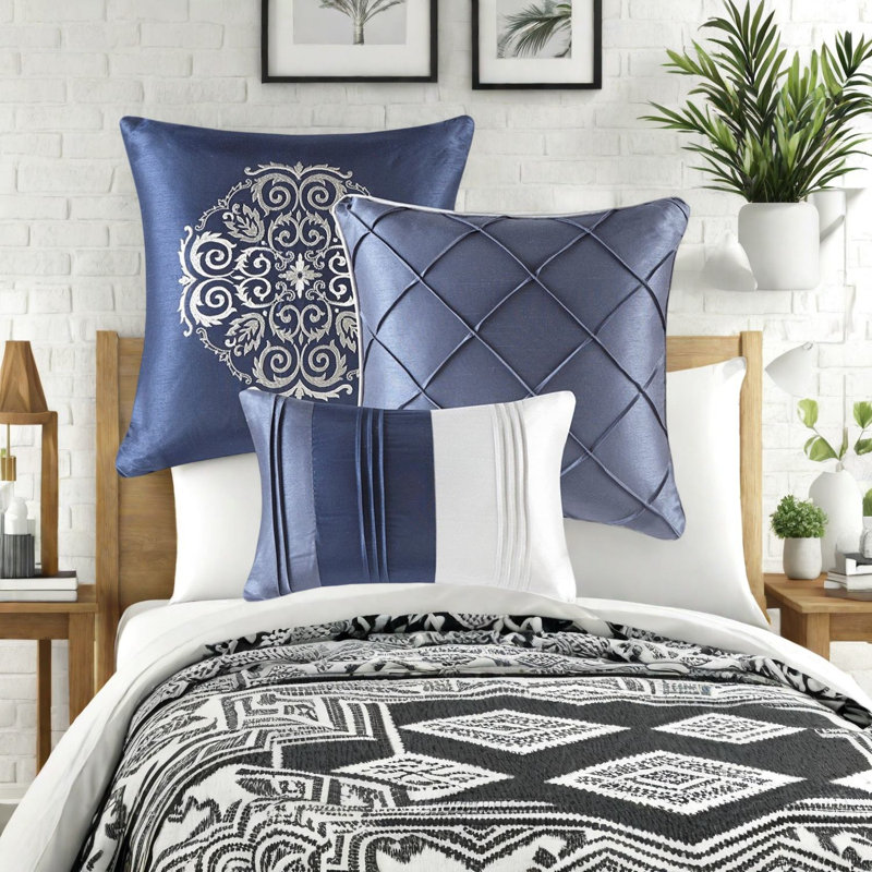 Ensemble de literie élégant 7 pièces, polyester bleu marine, confort intemporel pour la maison