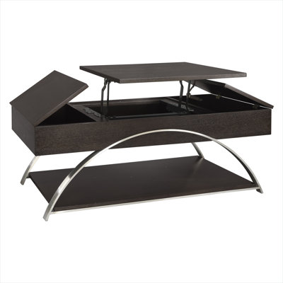 47.75-Inch Lift Top Coffee Table with Display Shelf, Brown-Toned Wood and Stainless Steel, Modern Style
