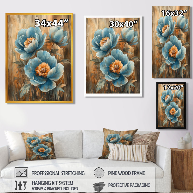 Pivoines bleues dans la basse-cour II - pivoines, art mural, H 40 po x l 30 po, Impression encadrée sans passe-partout, Doré
