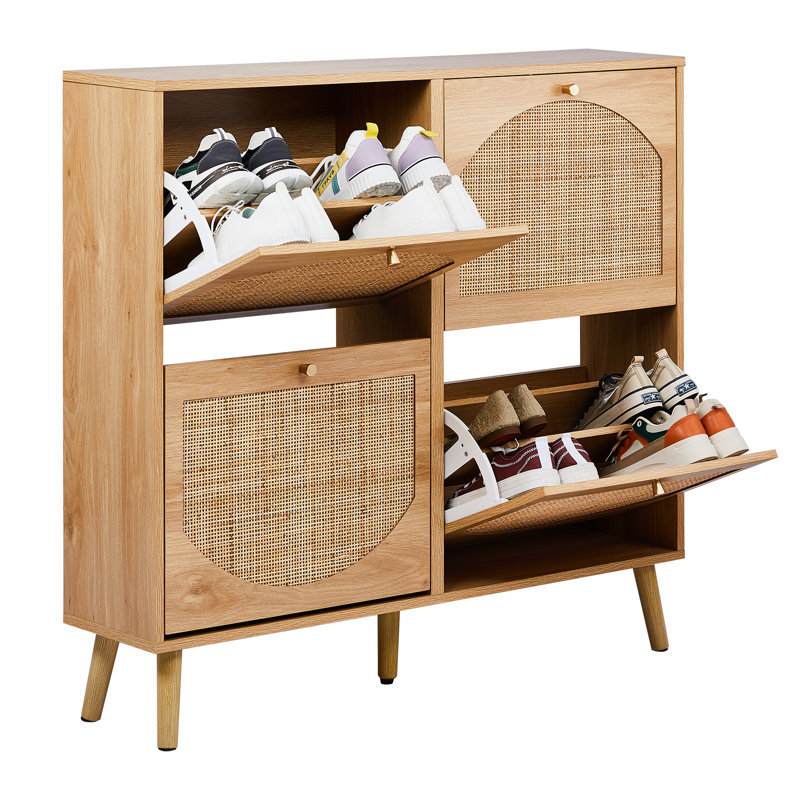 Rattan Shoe Storage Cabinet, 38.6" H X 41.7" W X 9.5" D, Brown