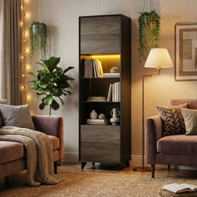 67'' Modern Tall Bookcase With Dual Cabinets, Glass Shelves & 3-Color LED Light Strips