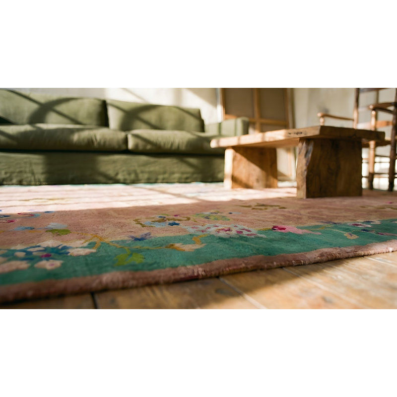 Wool Rectangle Room Size Coral Antique Chinese 1920s Knotted - Art Deco Rug