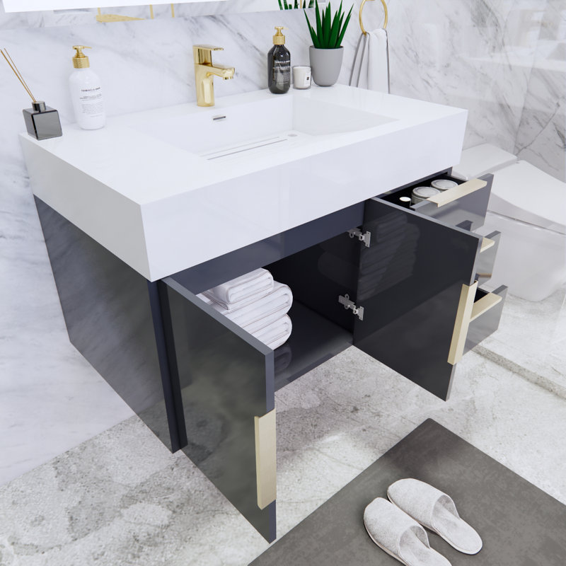 Glasgow 35.5 " W Wall Mounted Single Vanity Bathroom Vanity With Acrylic Top, Gray