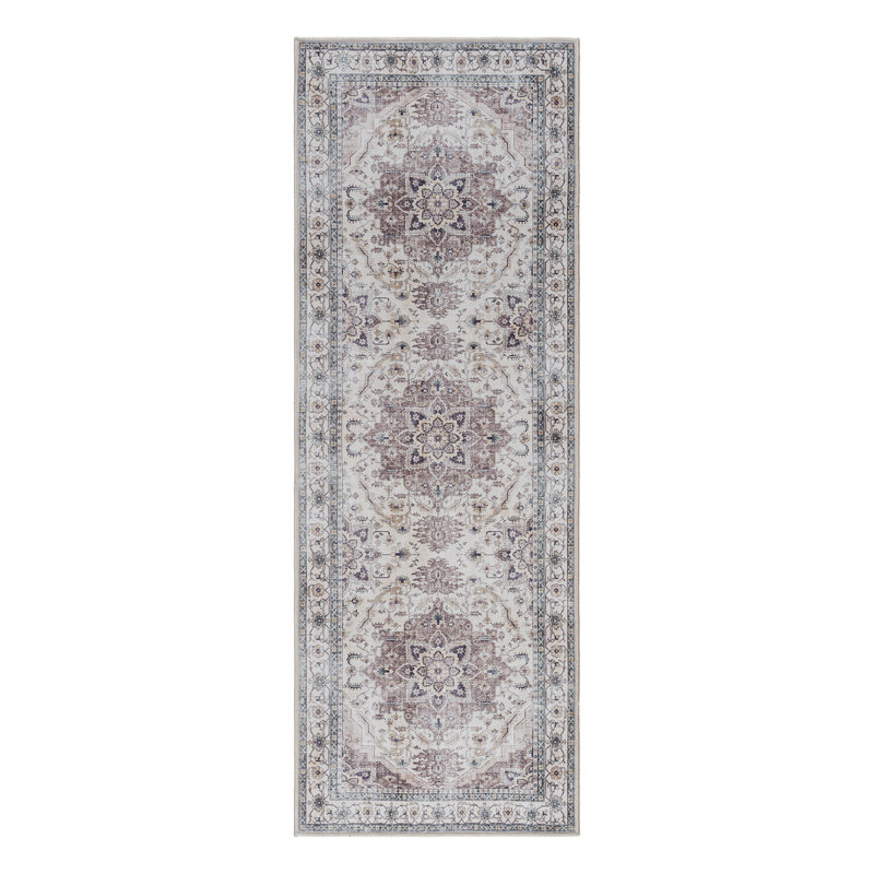 Samira Tiefi Gray Ivory Multi Machine Washable Traditional Medallion Indoor Area Rug, Flat Pile for Living Room & Bedroom - Gray, 2x6 Runner