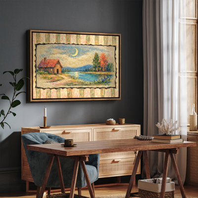 «Whimsical Countryside Cottage by the River Under Crescent Moon», reproduction d'art encadrée